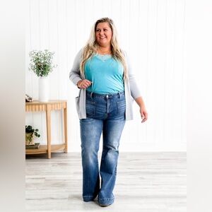 New Risen Medium Wash High Rise Patch Pocket Bell Bottom Jeans